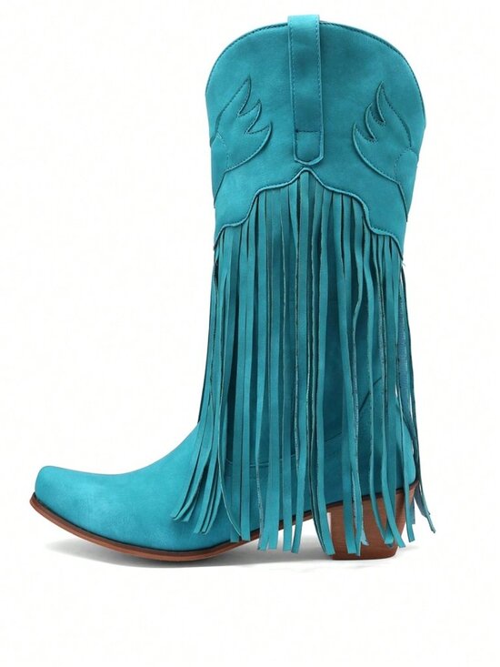 Blue Turquoise  Western Women's Cowboy Mid Calf Fringe Pull On Boots - Picture 5 of 7